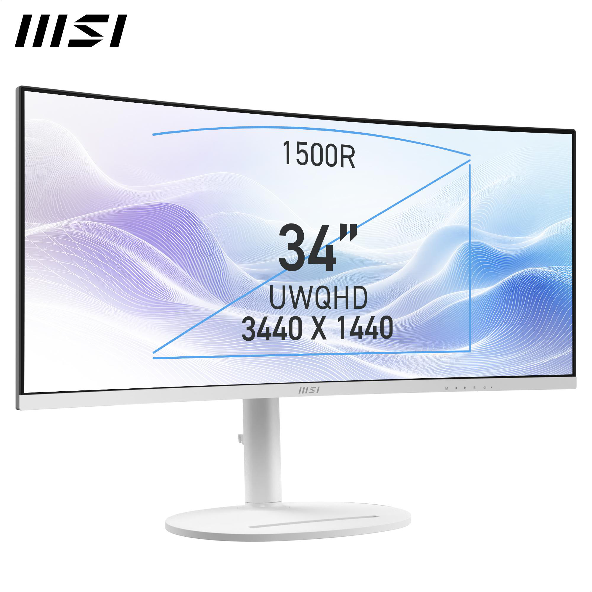 Ein gebogener Computermonitor mit weißem Ständer, zeigt einen Bildschirm mit Text und Grafik.