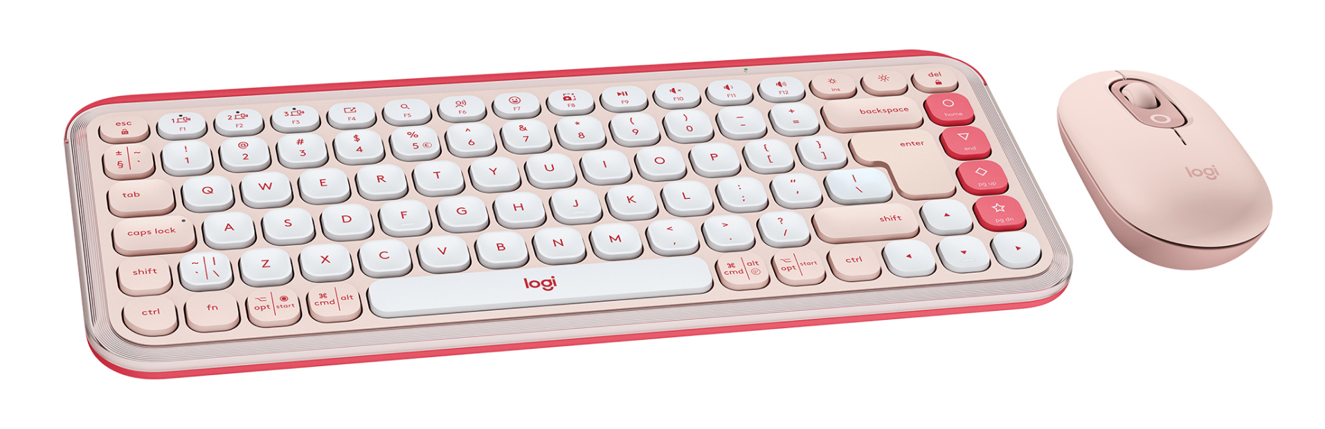 Różowy zestaw klawiatury i myszy. Klawiatura ma białe klawisze i różową ramkę. Białe tło.