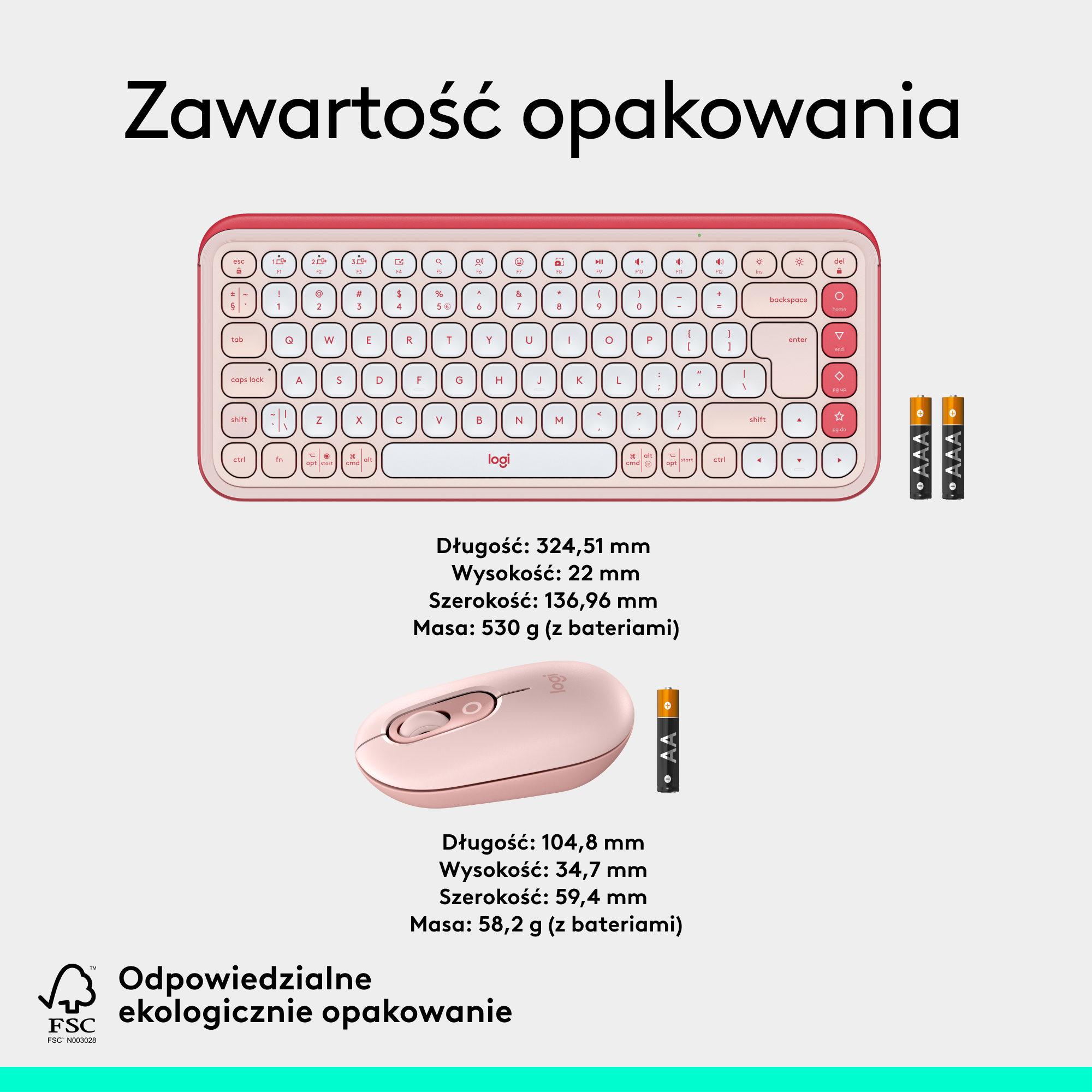 Różowa klawiatura, różowa mysz i dwie baterie AAA są ułożone.