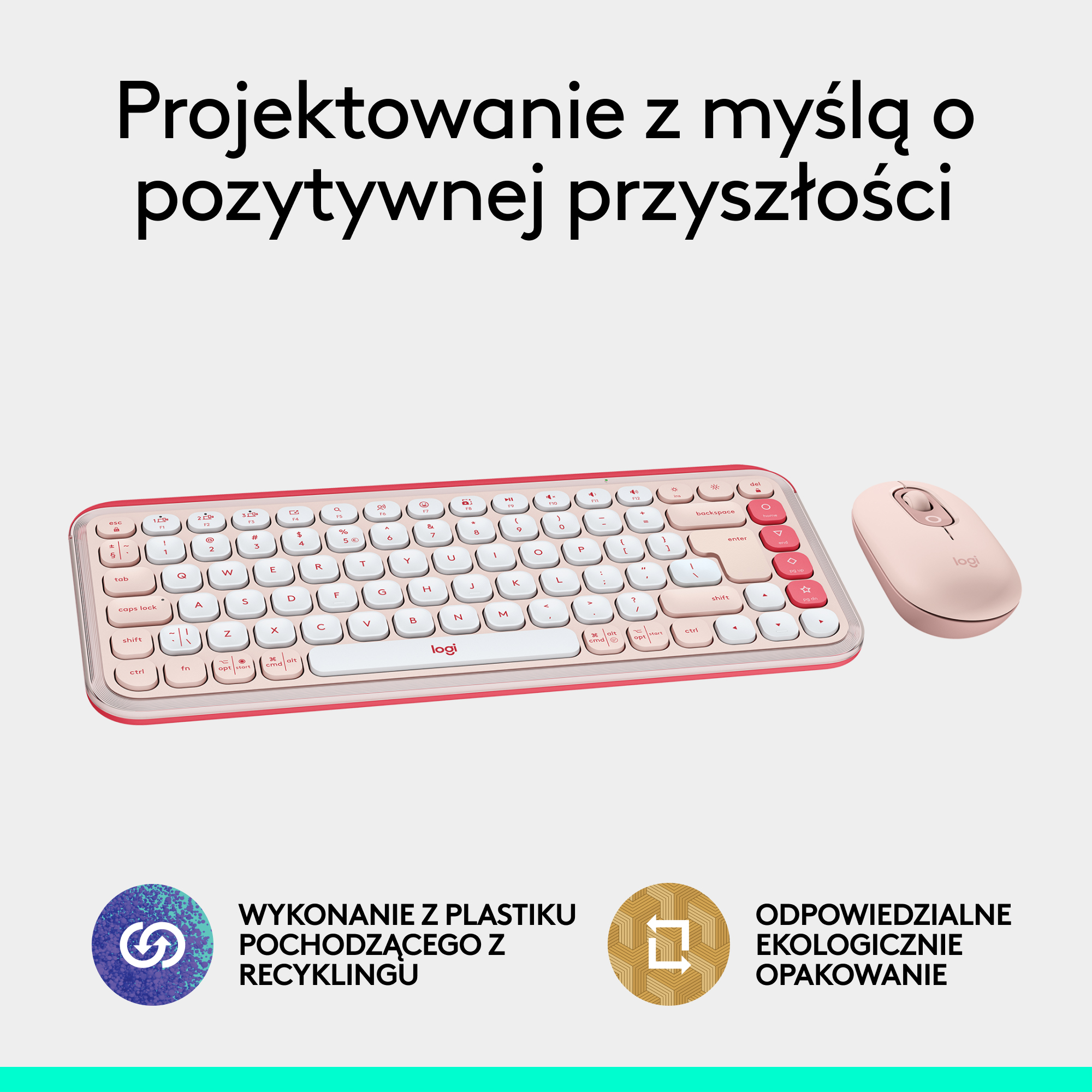Zestaw klawiatura i mysz. Różowo-biała klawiatura, różowa mysz. Tekst po polsku. Białe tło.