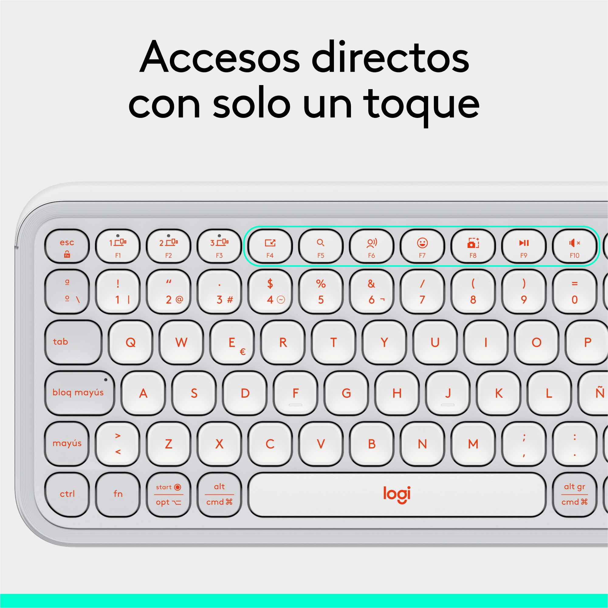 Teclado con teclas blancas, marco gris y teclas de función naranjas. Logotipo Logi en barra espaciadora.
