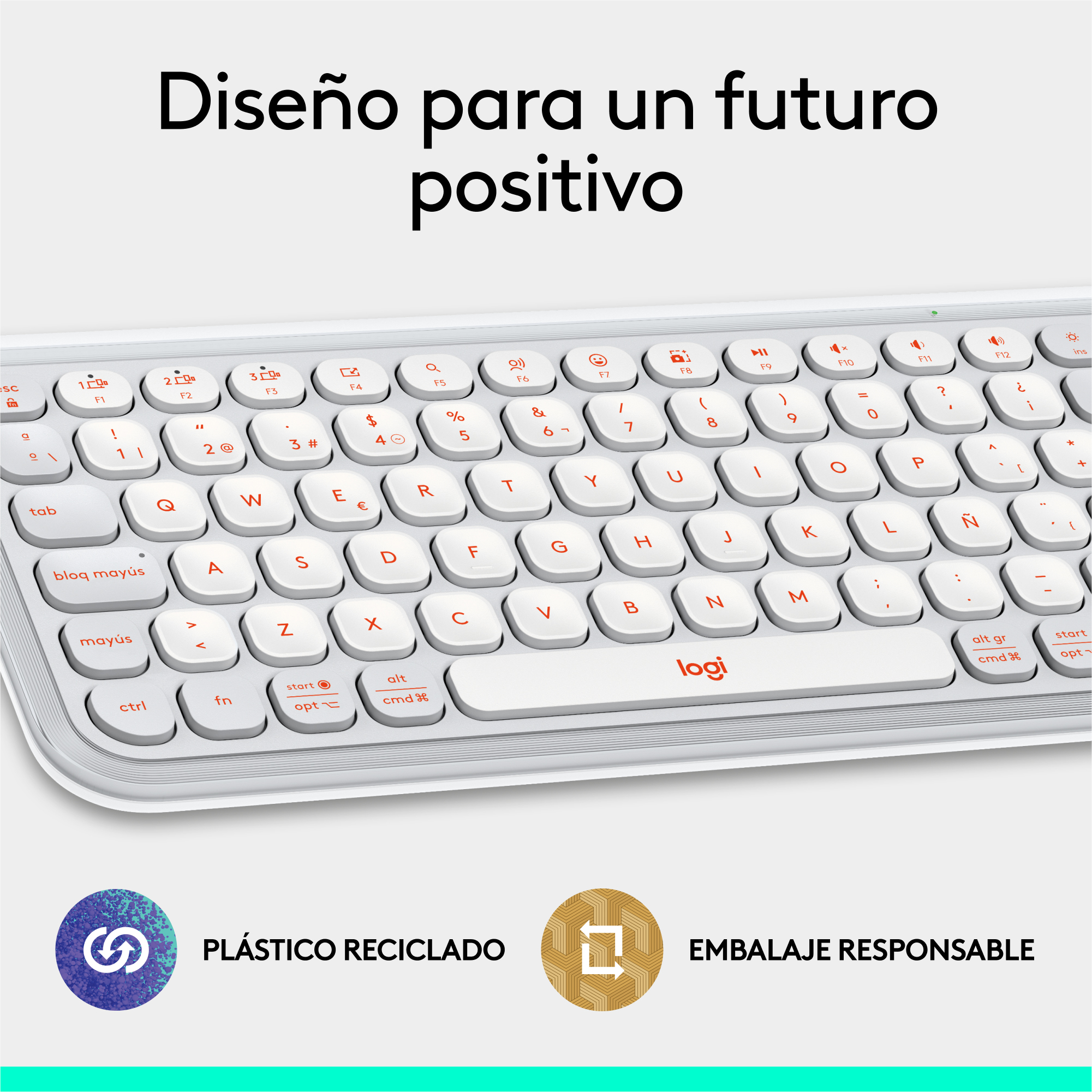 Un teclado blanco con letras rojas, con la palabra 'Logi' en rojo. El fondo es blanco.