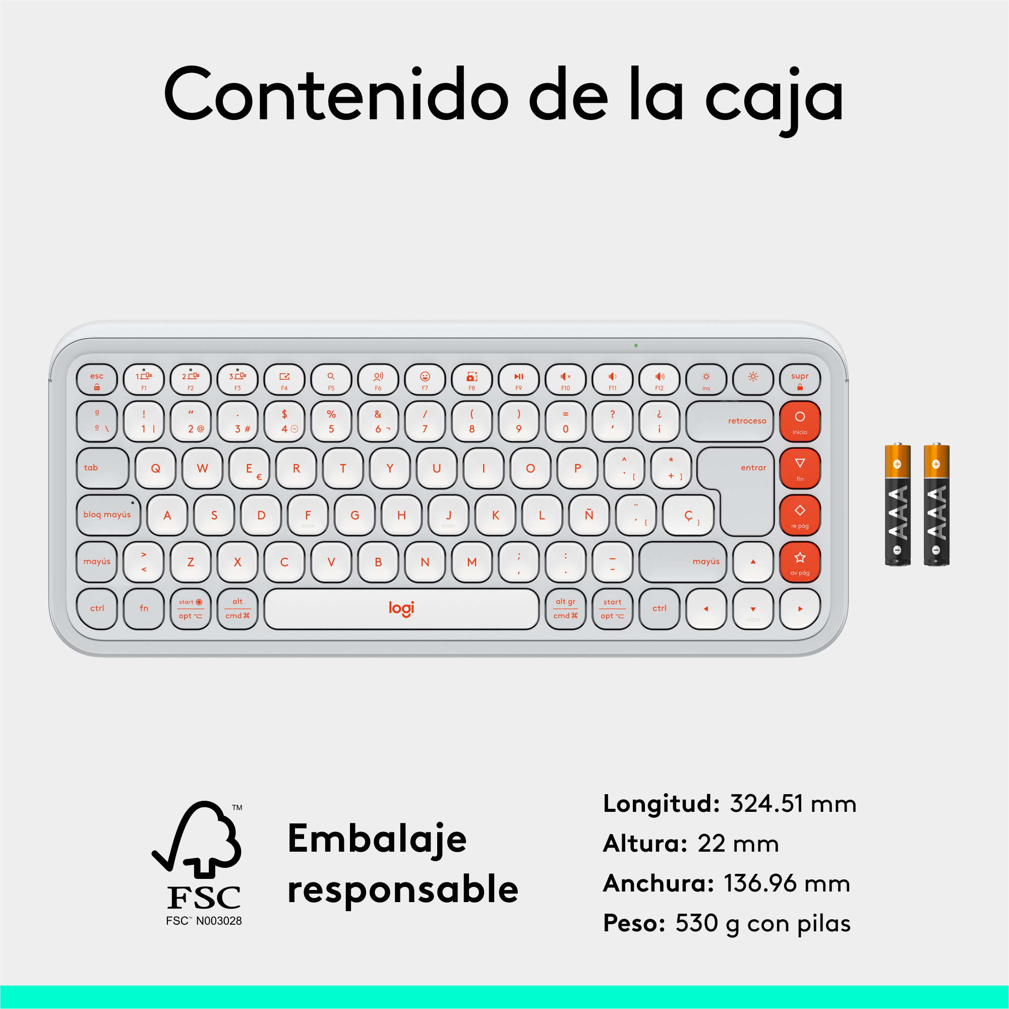Un teclado con teclas blancas y un diseño, junto con un par de pilas AAA sobre un fondo blanco.