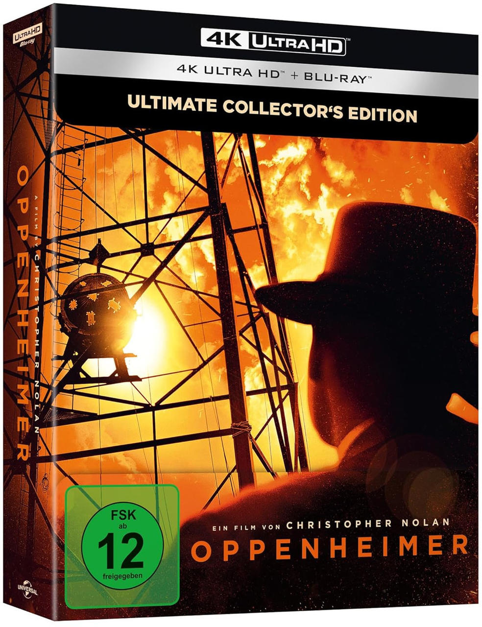Oppenheimer Blu-ray-Box. Ein Mann mit Hut ist vor einem industriellen Hintergrund silhouettiert.
