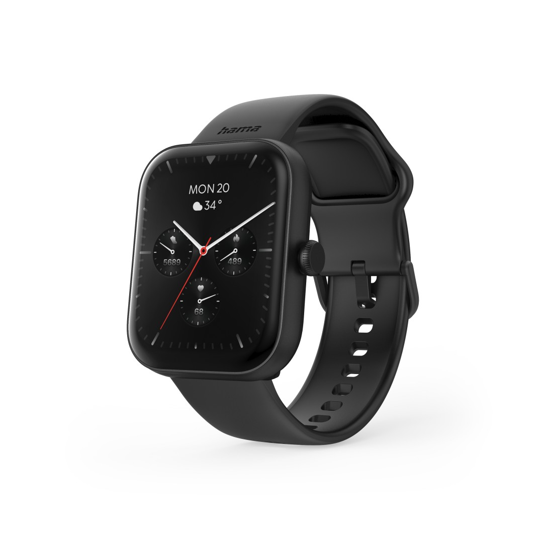 Schwarze Smartwatch mit schwarzem Armband. Der Bildschirm zeigt Datum, Uhrzeit und Aktivitätsdaten.
