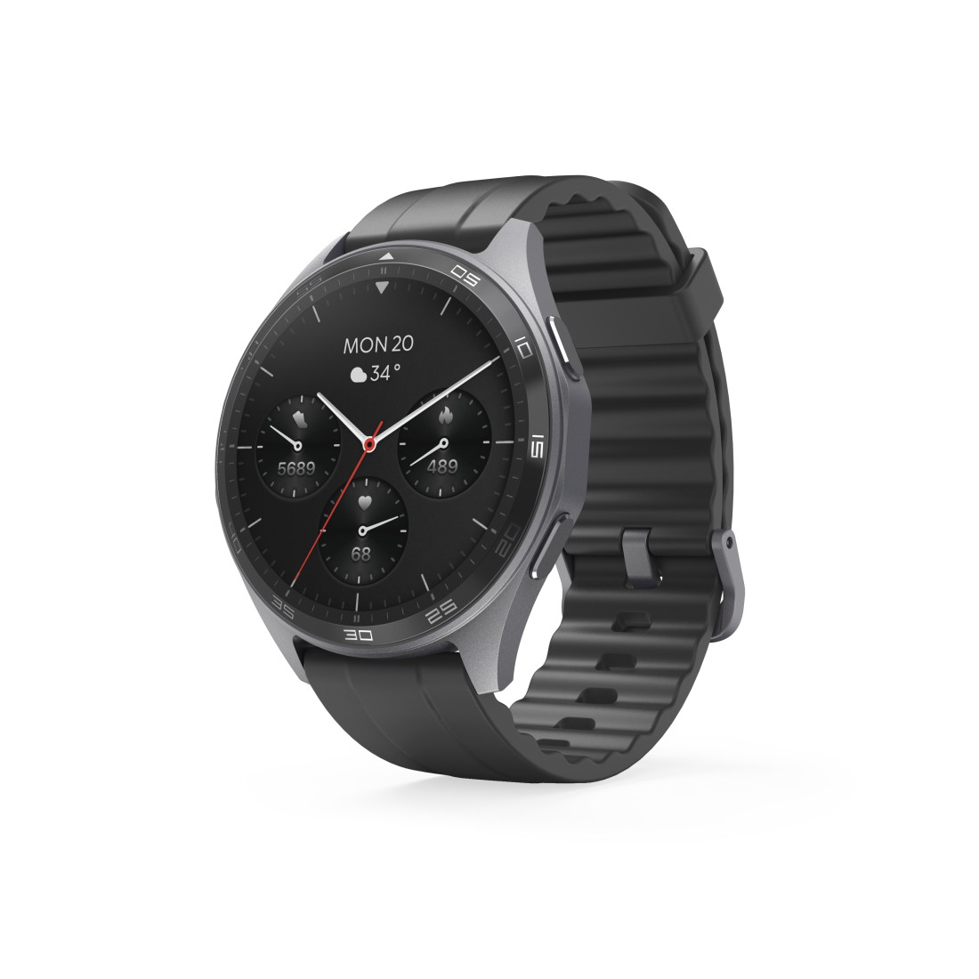 Eine Smartwatch mit rundem Zifferblatt, schwarzem Armband und silbernem Rahmen. Sie zeigt Zeit und Daten an.