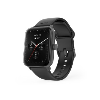 Eine schwarze Smartwatch mit schwarzem Armband, die Zeit und Daten anzeigt, vor weißem Hintergrund.