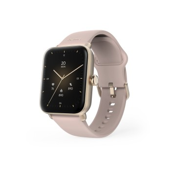 Eine rosa Smartwatch mit goldenem Gehäuse und rosa Armband, vor weißem Hintergrund.