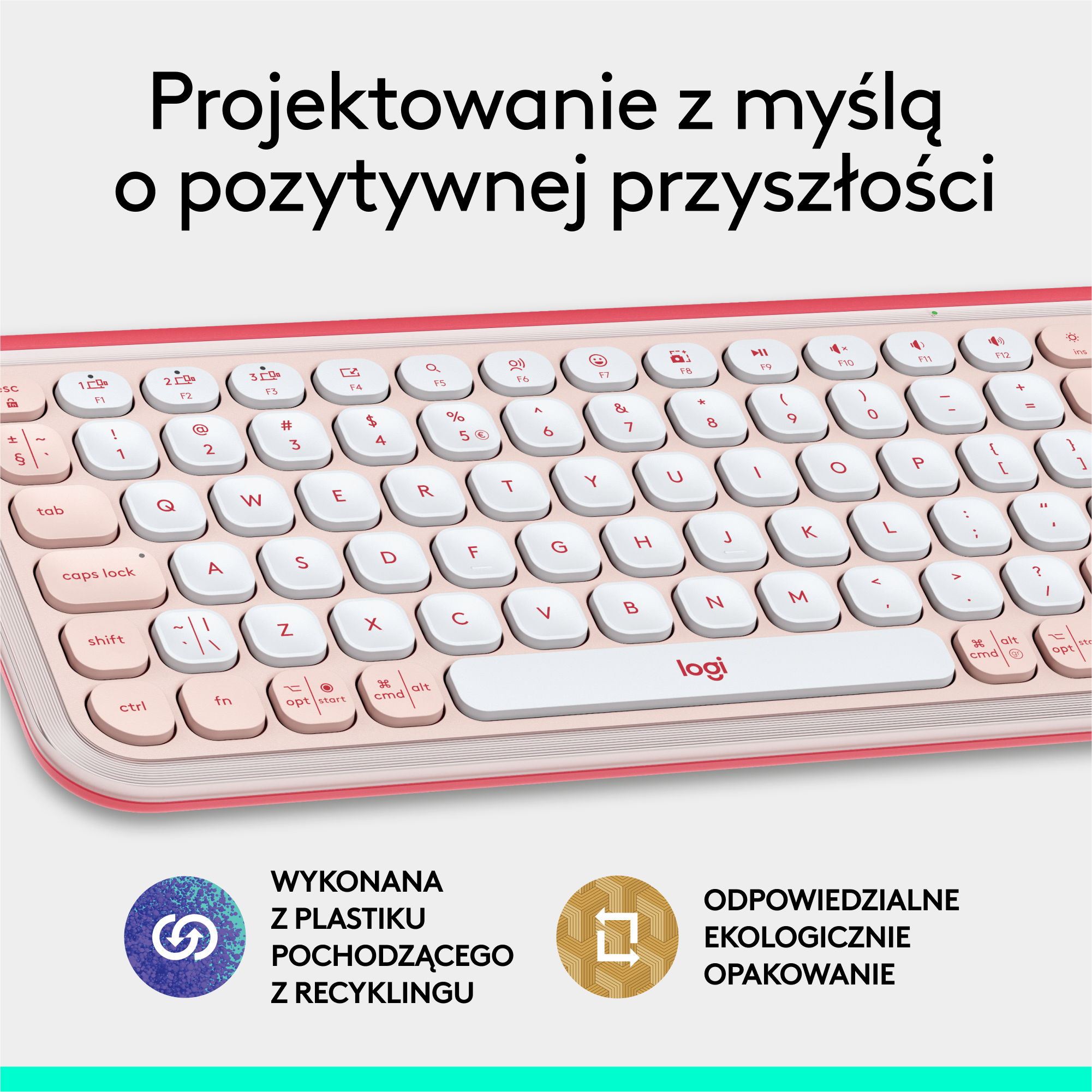 Różowa klawiatura na różowej powierzchni z białymi klawiszami. Tekst u góry: Projektowanie z myślą o pozytywnej przyszłości.