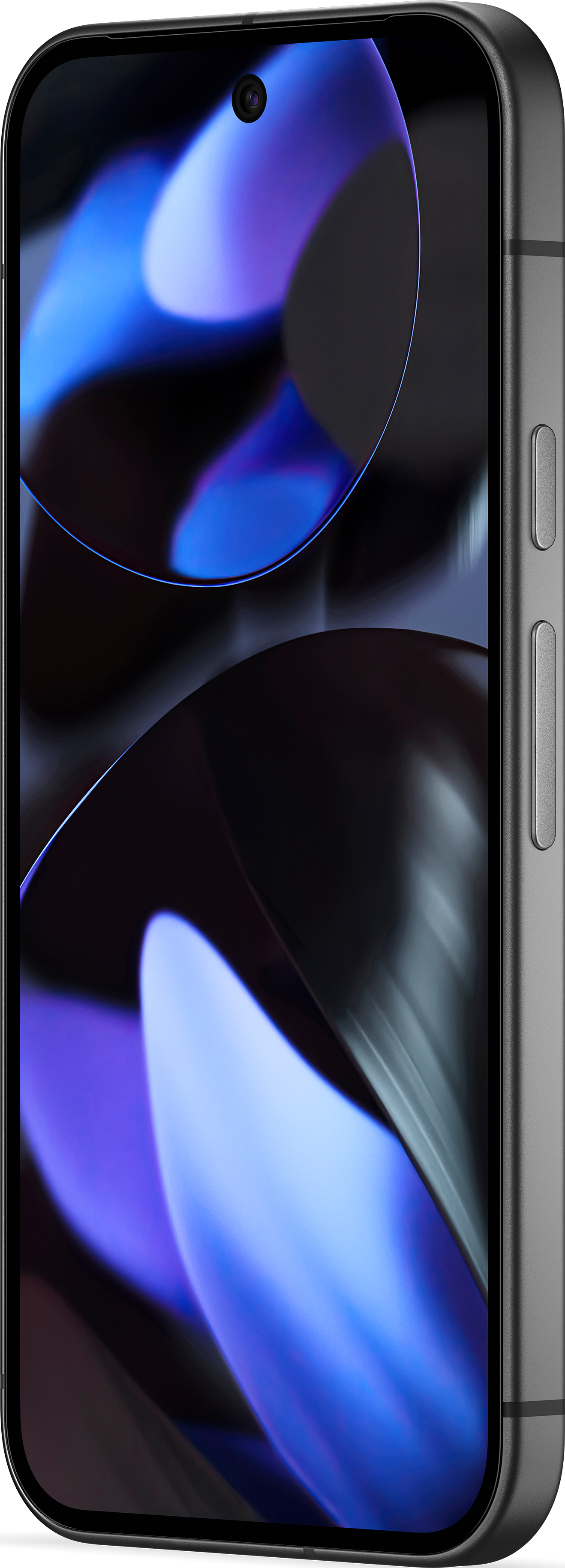 Ein Smartphone mit schwarzem Bildschirm, der abstrakte blaue und schwarze Formen zeigt. Knöpfe befinden sich auf der rechten Seite.