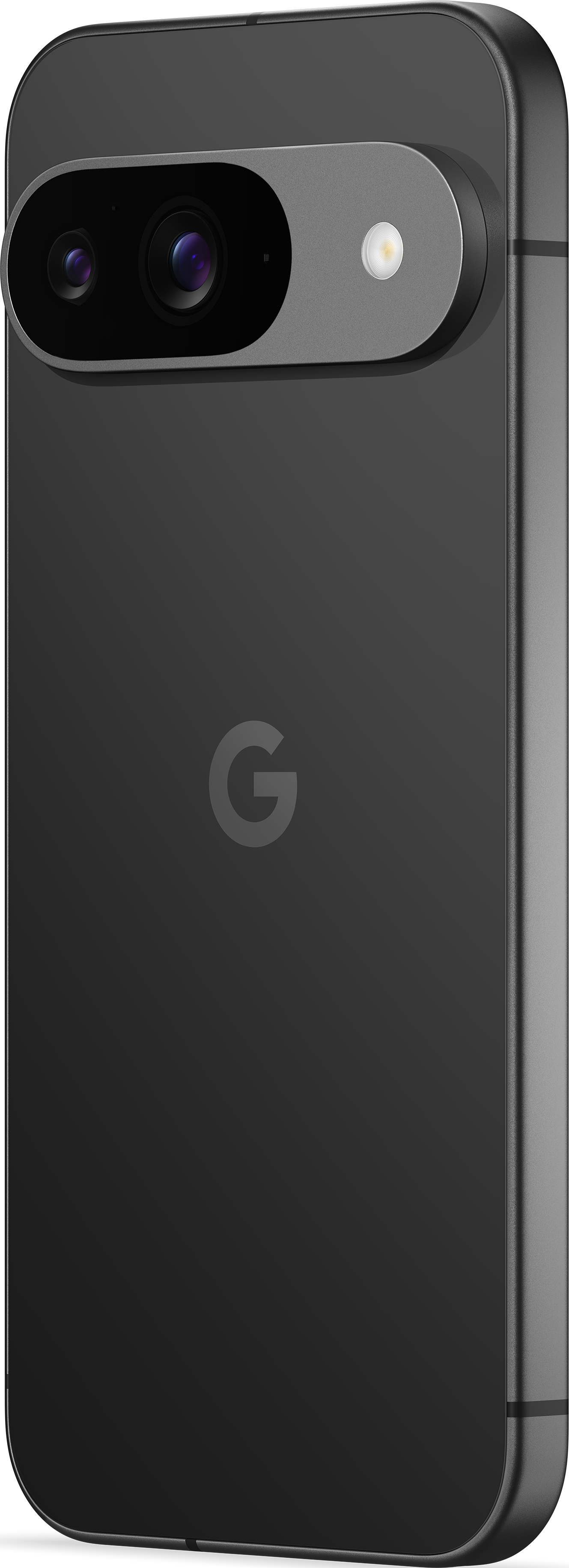 Schwarze Smartphone-Rückseite mit Google-Logo. Verfügt über eine Dual-Kamera und einen Blitz.