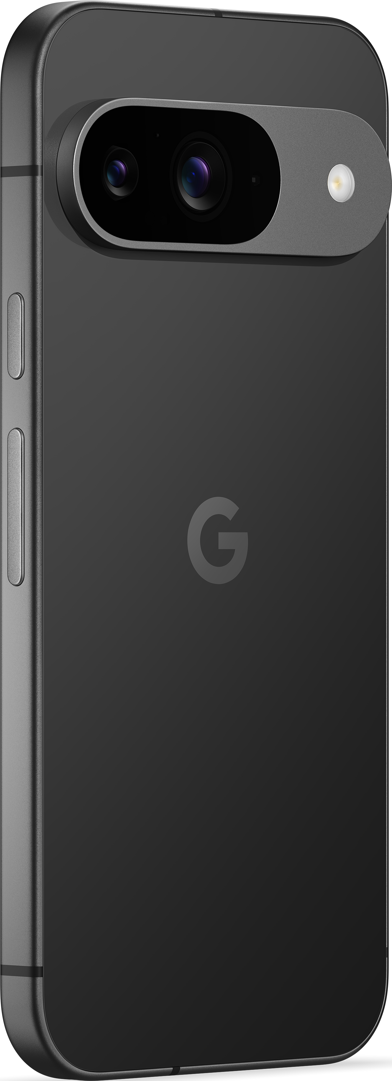 Die Rückseite eines schwarzen Smartphones mit Dual-Kamera, Blitz und Google-Logo. Das Telefon ist angewinkelt.