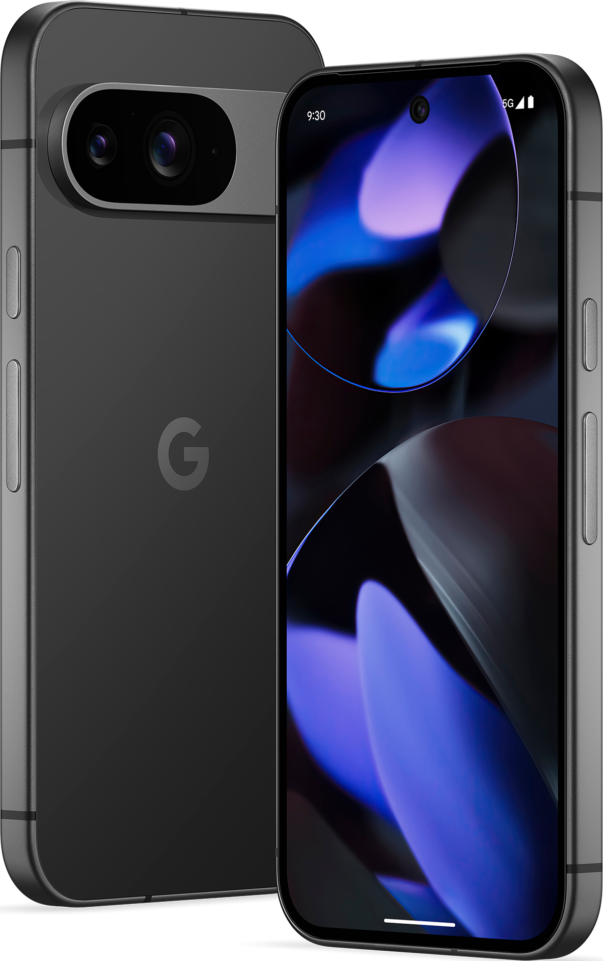 Zwei graue Smartphones. Eines zeigt abstrakte blaue und lila Formen auf dem Bildschirm. Das andere Telefon hat eine Kamera und das Google-Logo.
