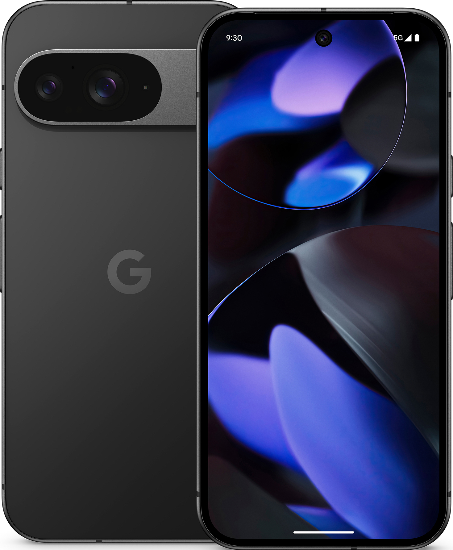 Ein schwarzes Google Pixel-Telefon. Das Display zeigt abstrakte lila und graue Formen. Die Rückseite hat eine Kameraleiste und ein G-Logo.