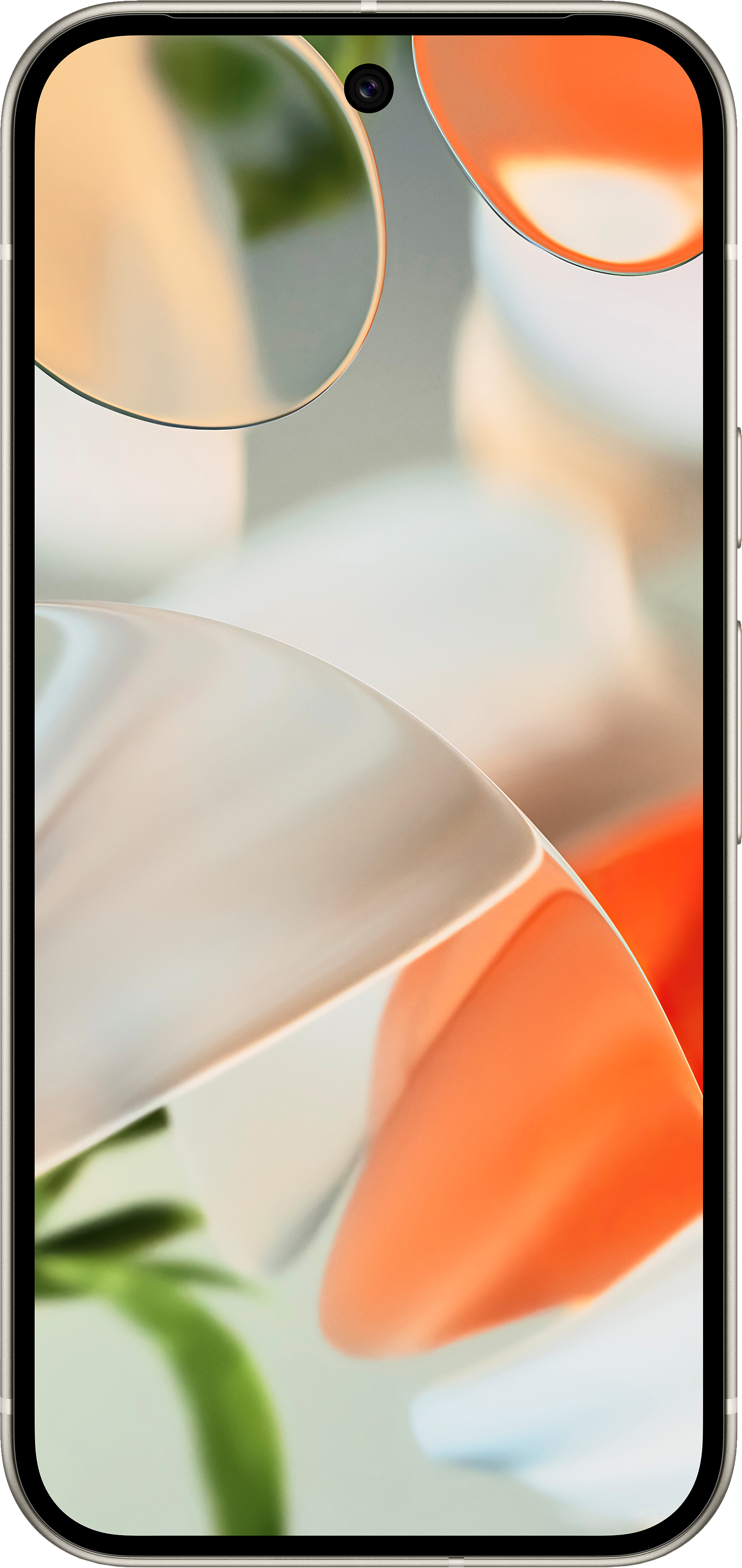 Ein Smartphone mit hellem Rücken und einem Frontbildschirm.