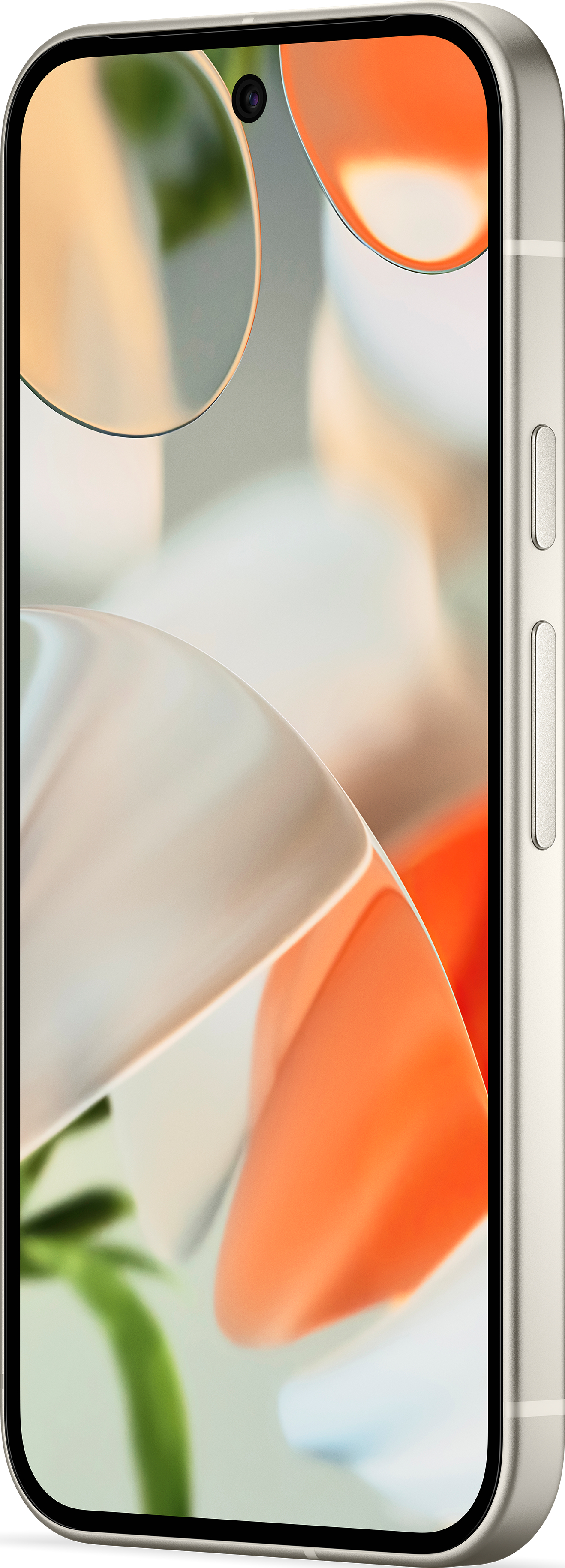 Smartphone-Seitenansicht. Silberner Rahmen, weiße Rückseite. Das Display zeigt einen abstrakten Hintergrund.