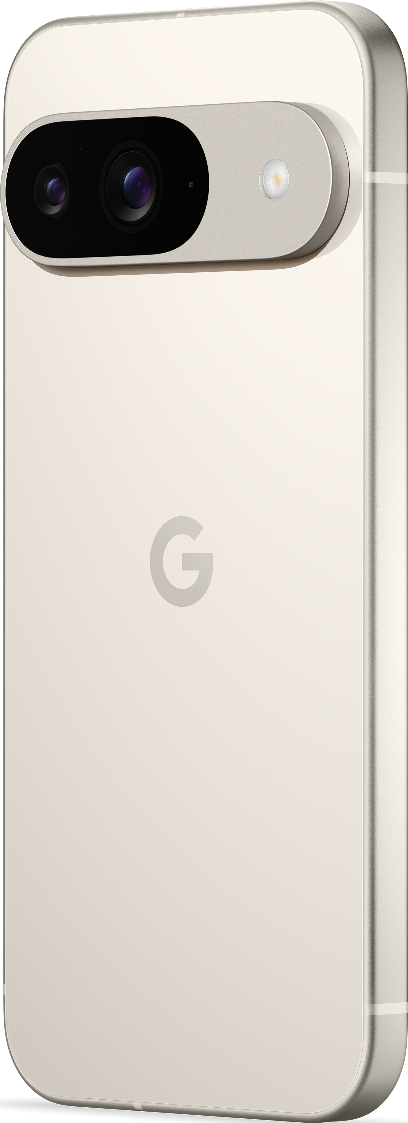 Ein hellcremefarbenes Telefon mit Dual-Objektiv-Kamera und 'G'-Logo, leicht angewinkelt.