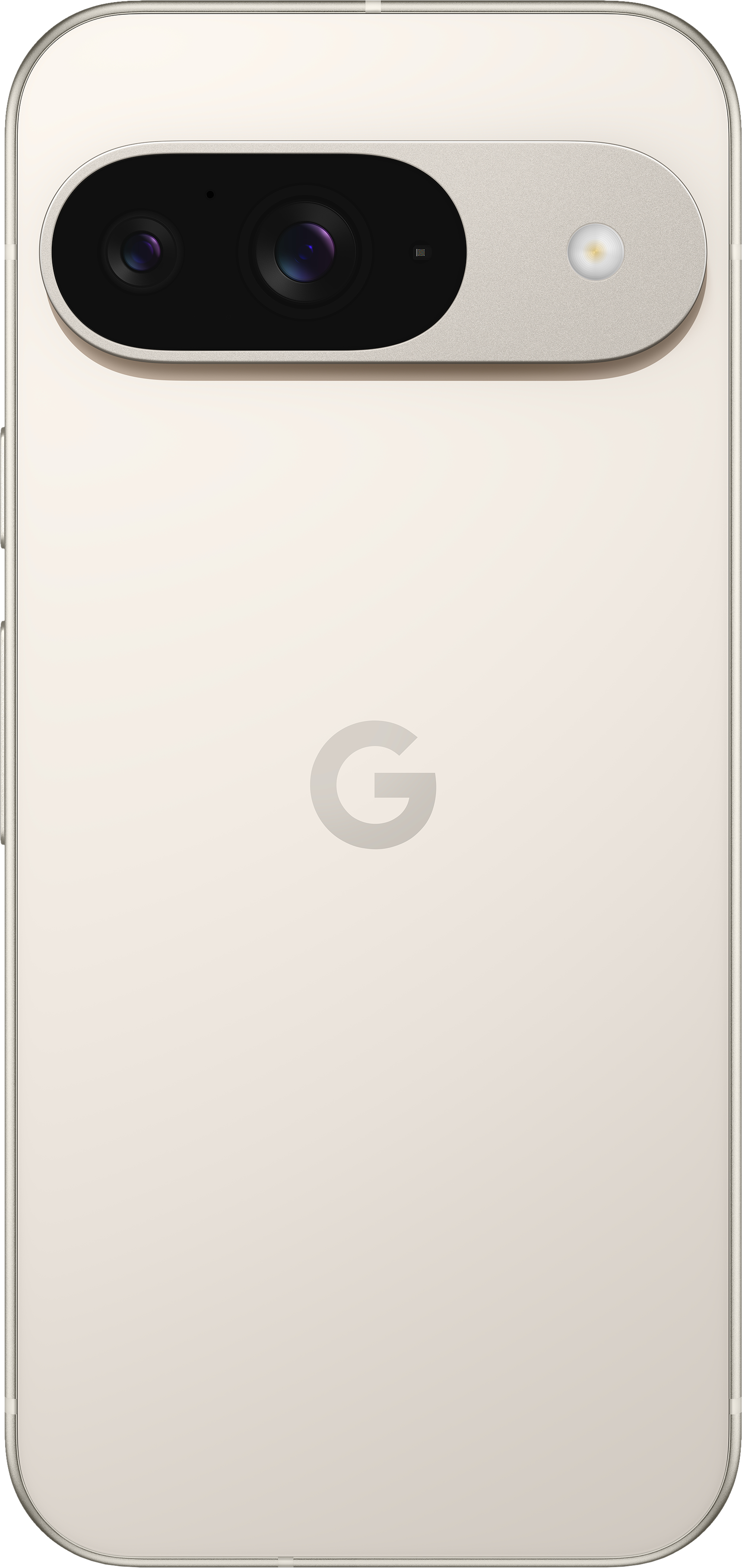 Rückansicht eines beigen Telefons mit Kameraerhöhung und Google-Logo.