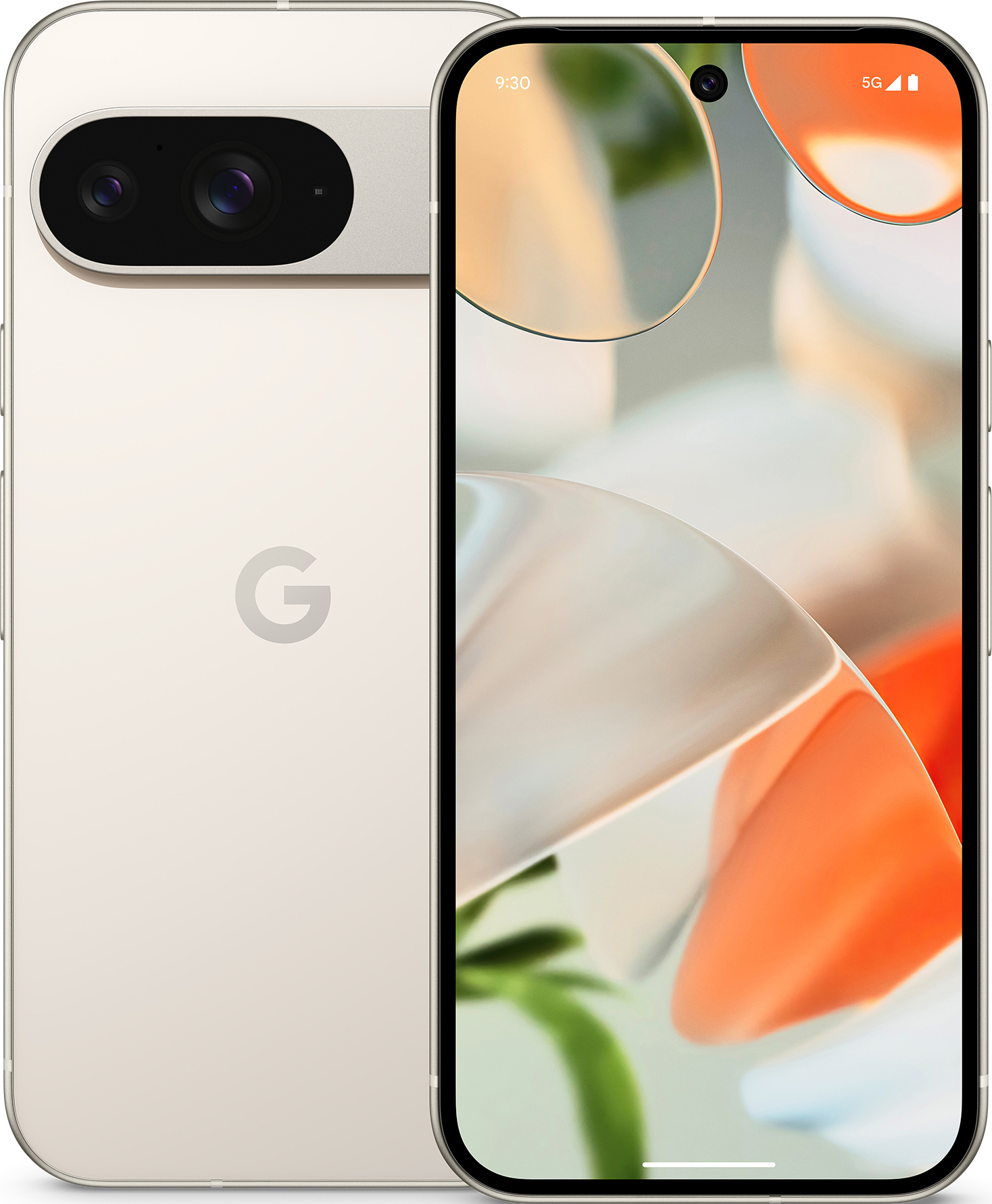 Ein Telefon mit beigem Rücken und einem Bildschirm, der ein farbenfrohes Hintergrundbild zeigt, weißer Hintergrund.