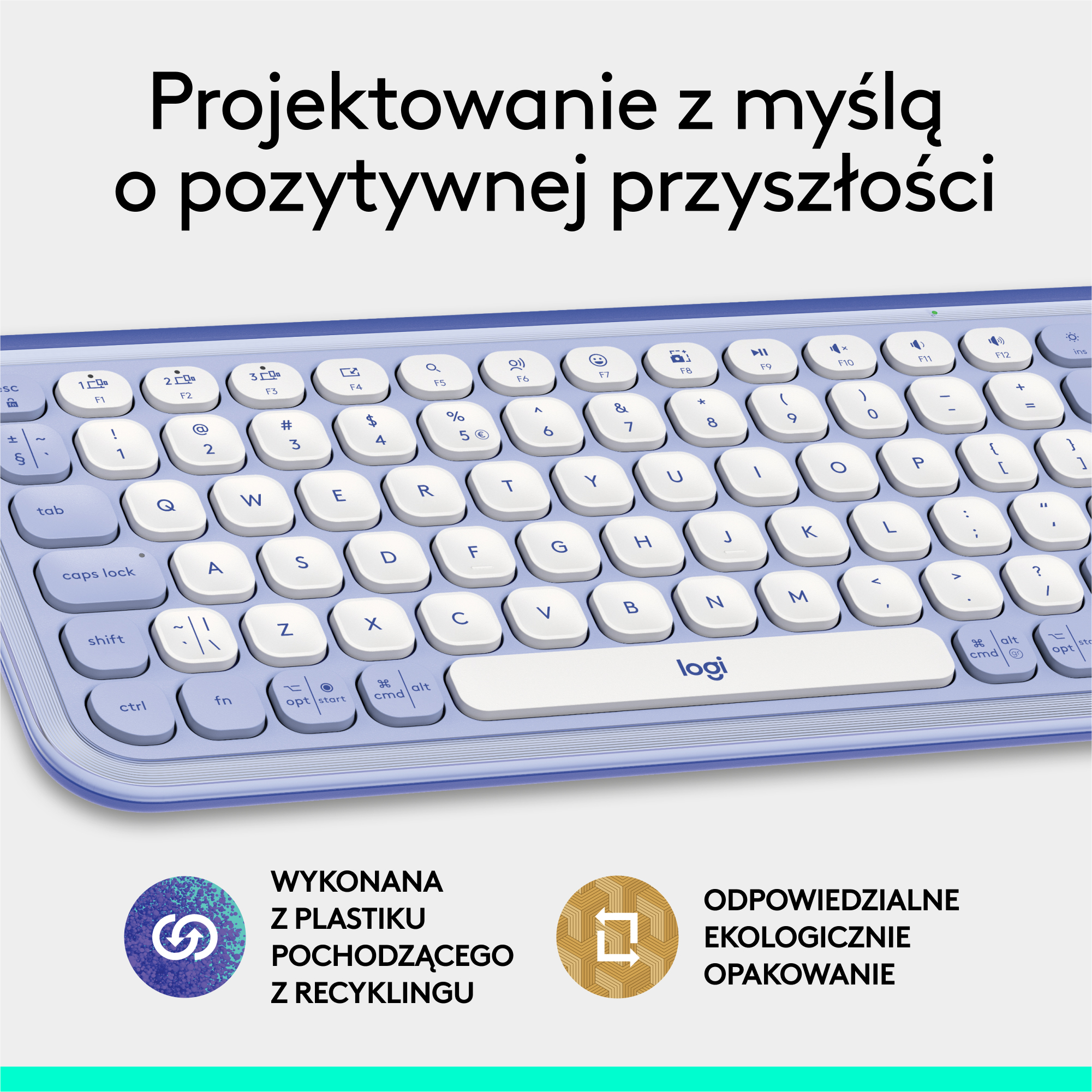 Niebieska klawiatura z białymi klawiszami. Tekst mówi 'Wykonana z plastiku pochodzącego z recyklingu' i 'Ekologiczne opakowanie'.