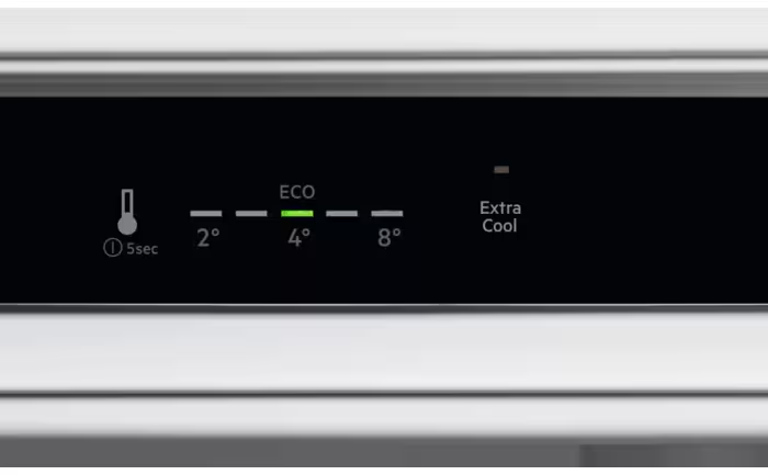 Hűtőszekrény vezérlőpanelje, hőmérséklet beállítások: Eco, 2°, 4°, 8° és Extra Cool.