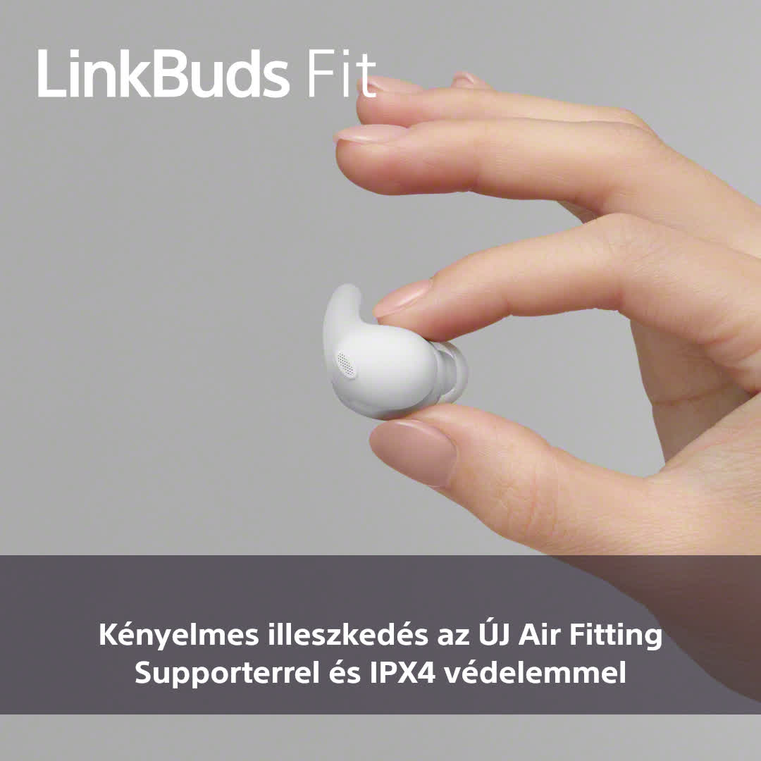 Fehér fülhallgató a kézben, a 'Kényelmes illeszkedés az ÚJ Air Fitting Supporterrel és IPX4 védelemmel' szöveggel.