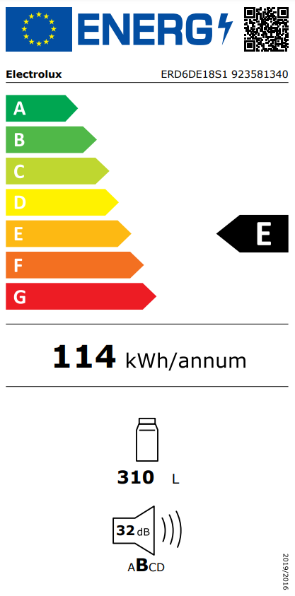 Energia címke Electrolux hűtőszekrényhez, energiahatékonysági besorolással.