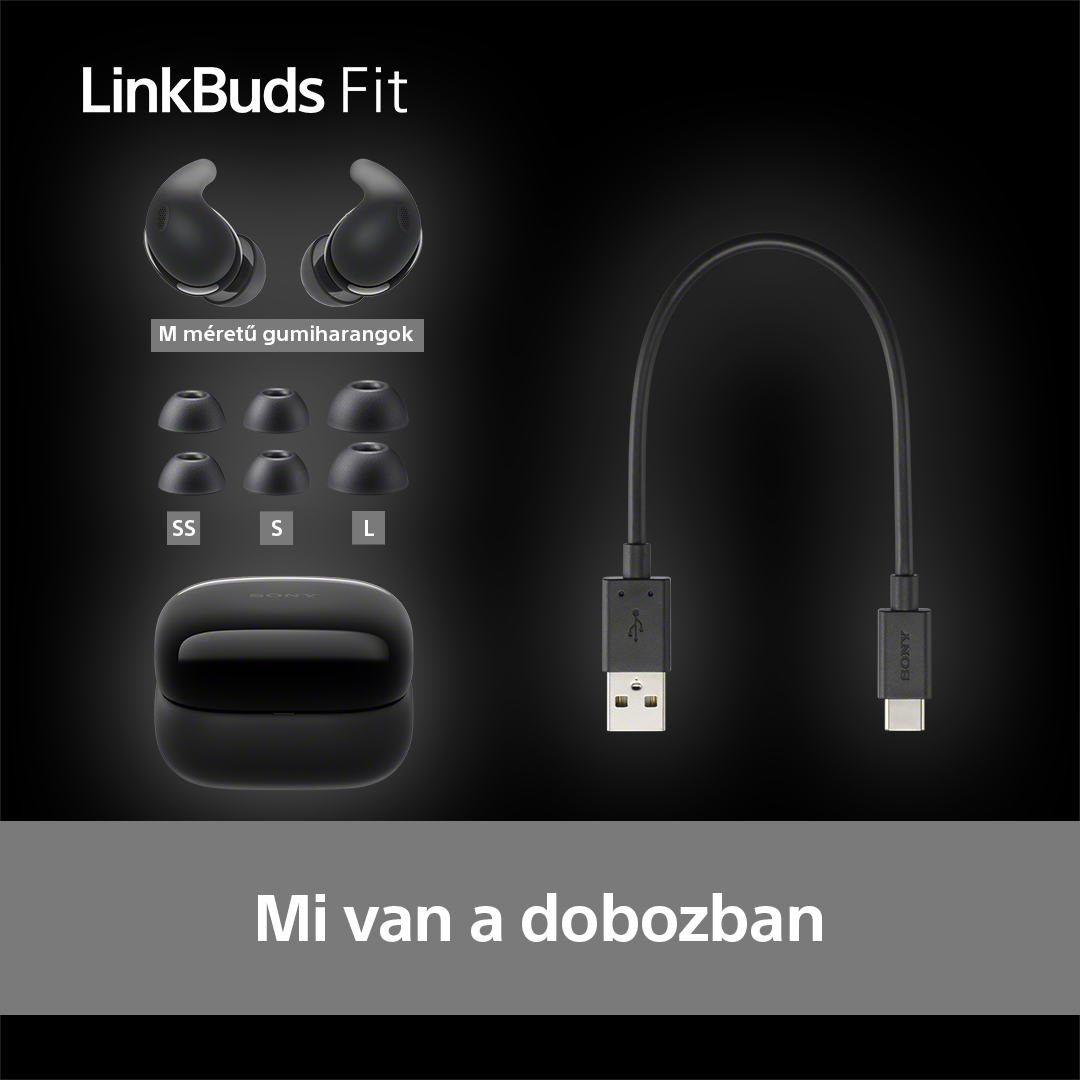 Fülhallgatók, töltőtok és USB-kábel. A szöveg a következő: „Mi van a dobozban”.