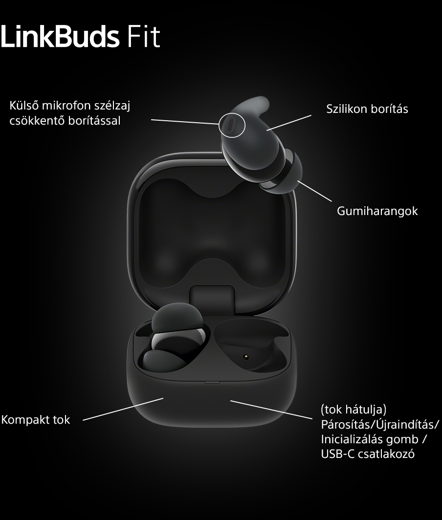 A LinkBuds Fit fülhallgatók robbantott ábrája, a tok és az alkatrészek címkézve.