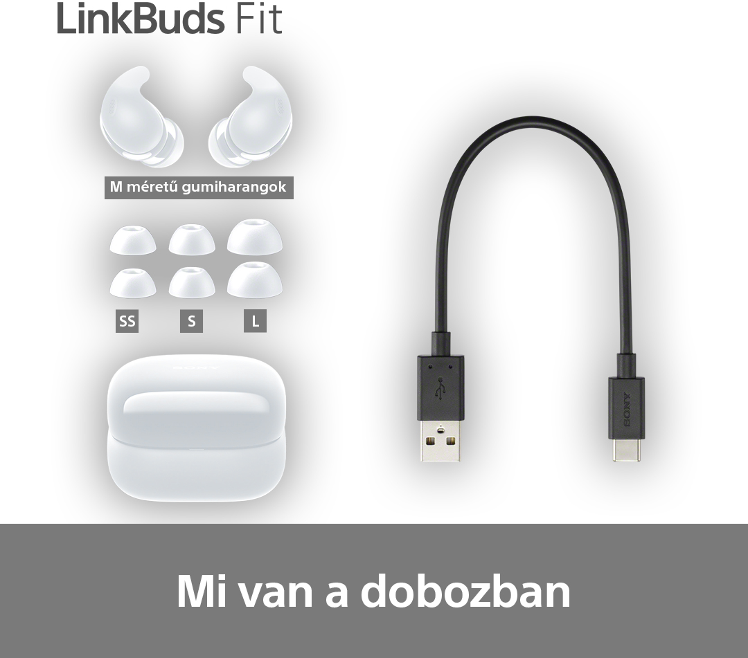 Fehér fülhallgatók, egy töltőtok és egy USB kábel, magyar szöveggel.