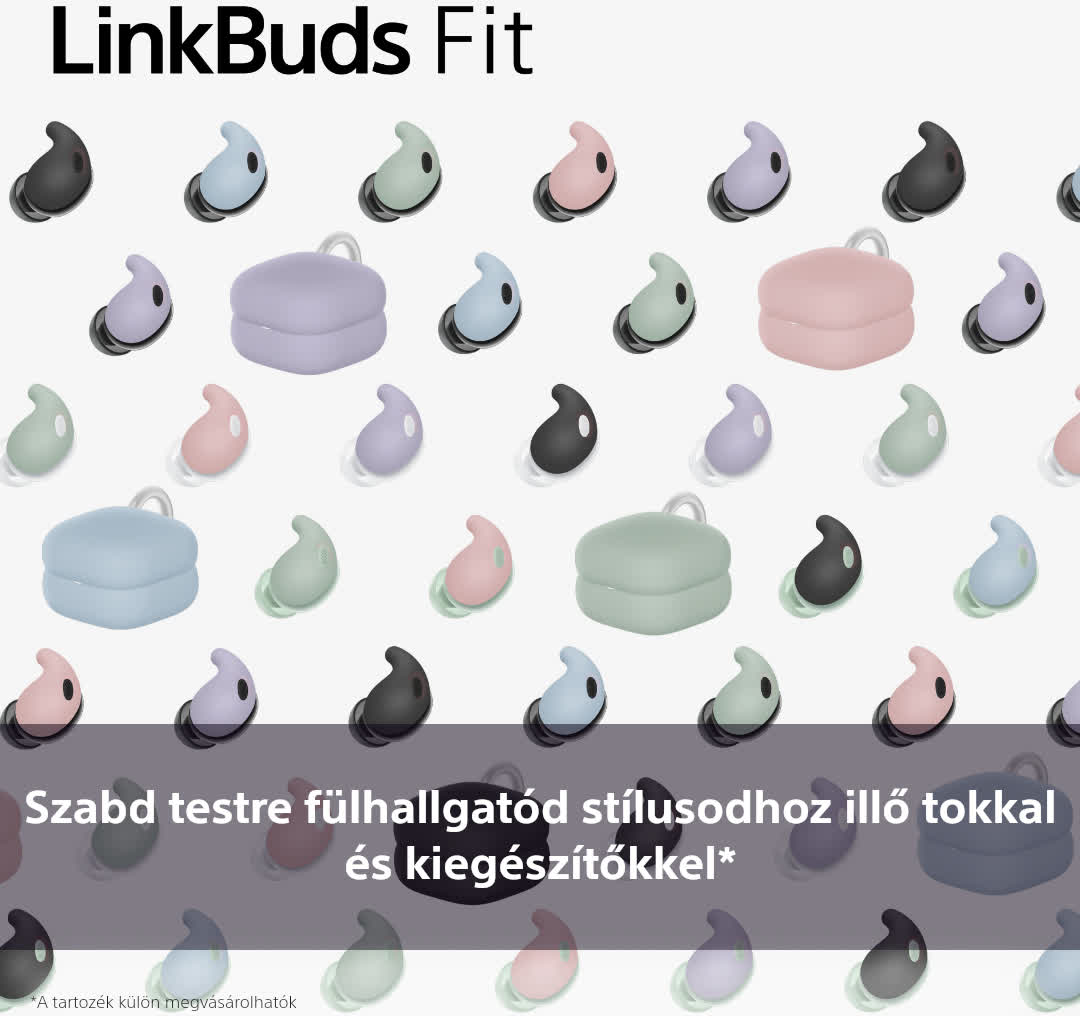 Többszínű fülhallgatók elrendezése tokkal, mintás háttéren.