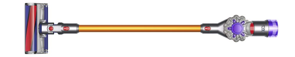 Żółto-fioletowy odkurzacz Dyson, pokazujący korpus, uchwyt i głowicę czyszczącą.