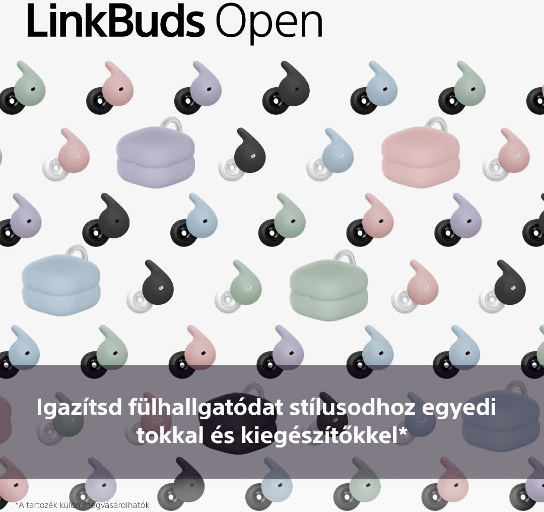 Válogatott fülhallgatók mintázata. Szöveg: 'LinkBuds Open' és 'Illeszkedj stílusodhoz'.