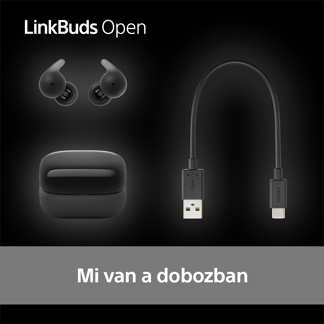 Két fekete fülhallgató, egy töltőállvány és egy USB kábel látható sötét háttér előtt.