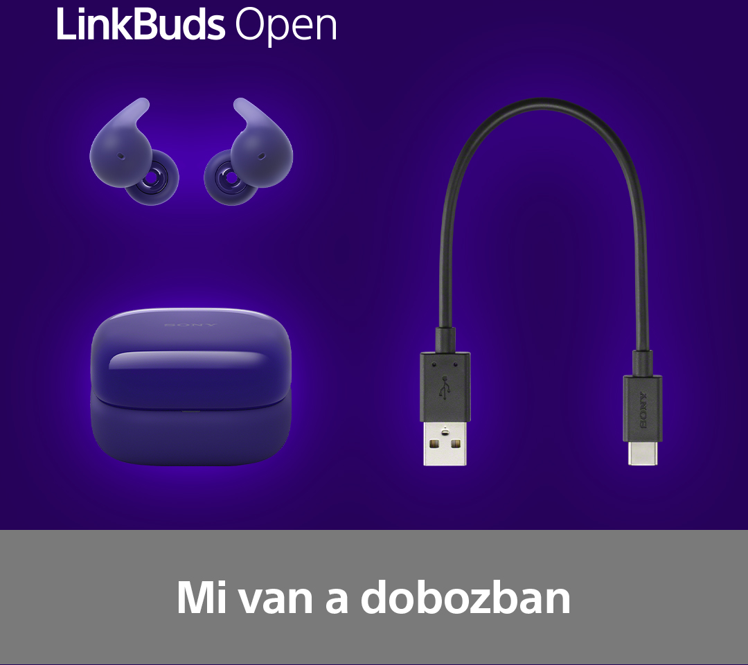 Kék fülhallgatók, töltőtok és USB kábel lila háttér előtt elrendezve.