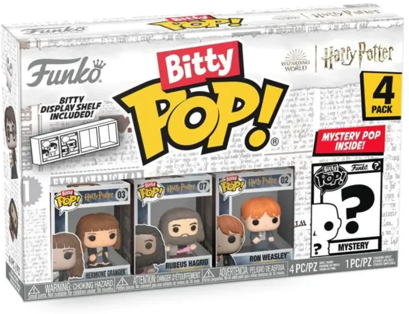 Egy Funko Pop doboz Harry Potterhez, Hermione, Hagrid és Ron figurákkal.