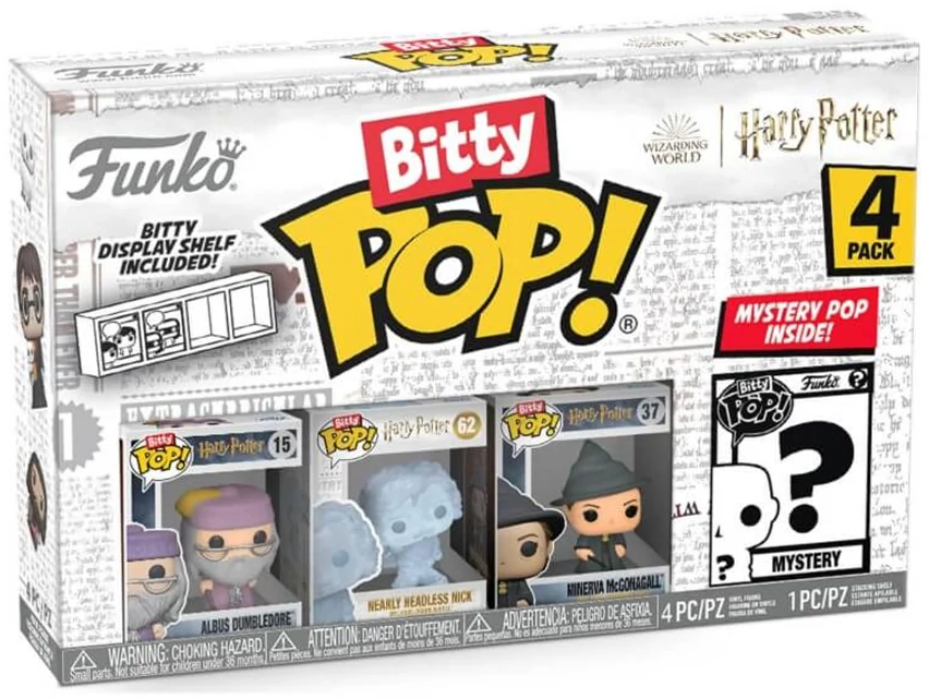 Funko Pop! Bitty Pop! 4-es csomag. Tartalmazza Albus Dumbledore, Félig Fej Nélküli Nick és Minerva McGonagall figuráit.