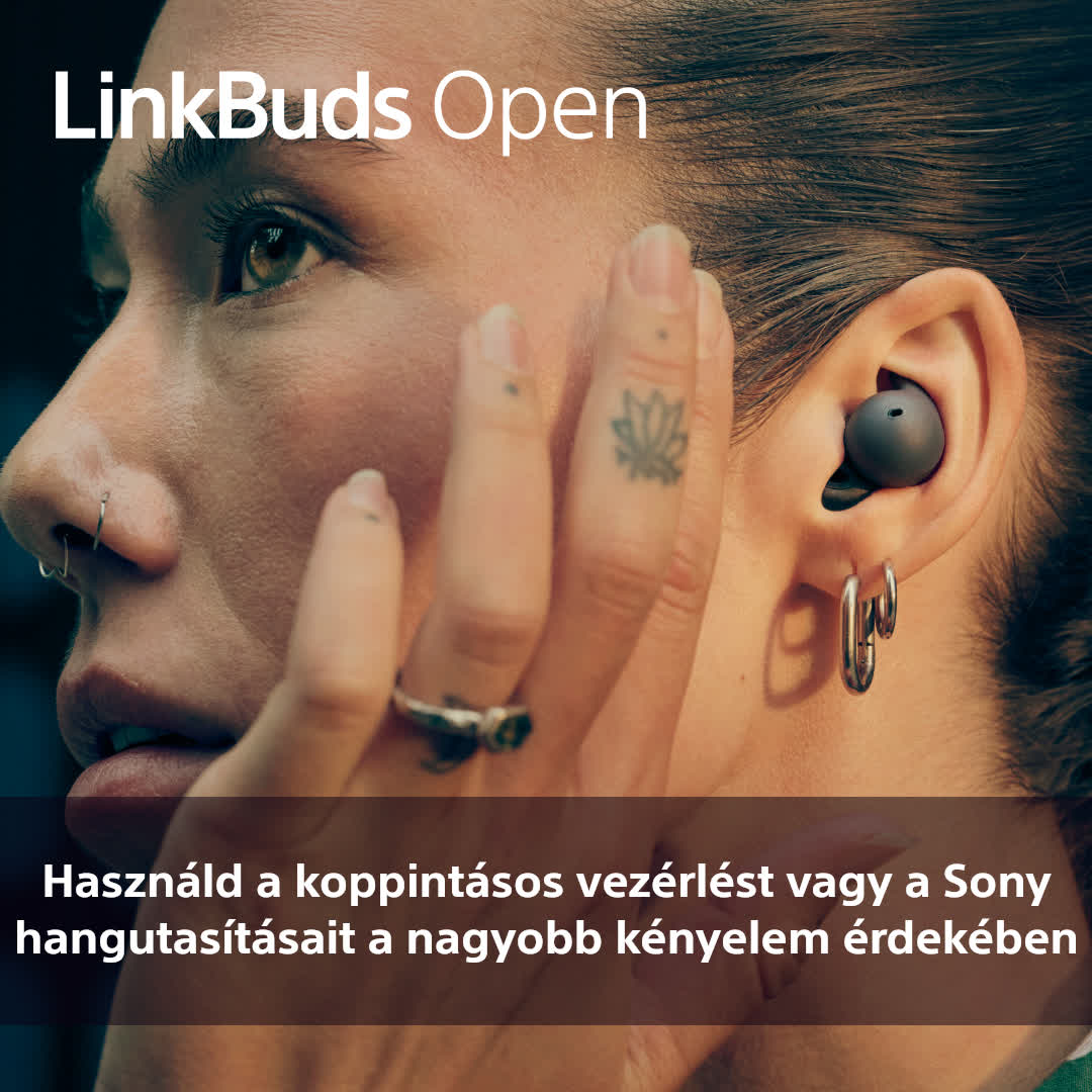 Egy nő fülhallgatóval. Szöveg: LinkBuds Open. Szöveg magyarul.