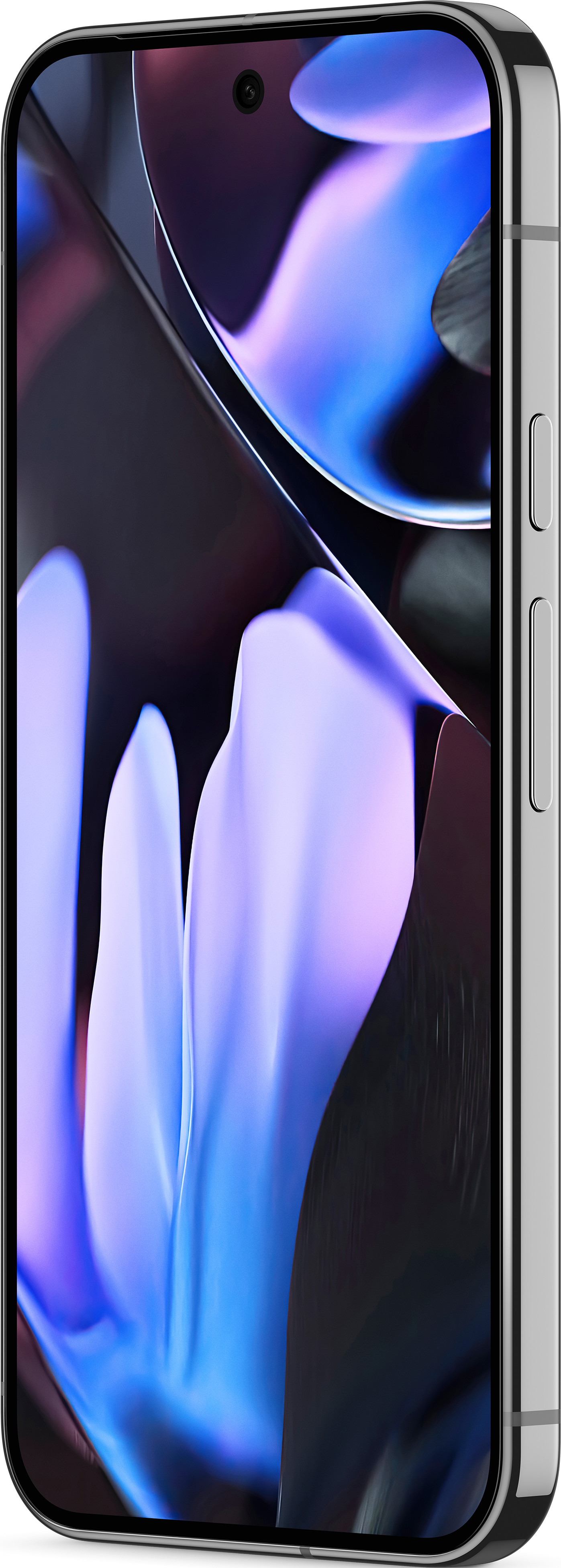 Téléphone argenté vu de côté avec un écran affichant un design abstrait coloré.
