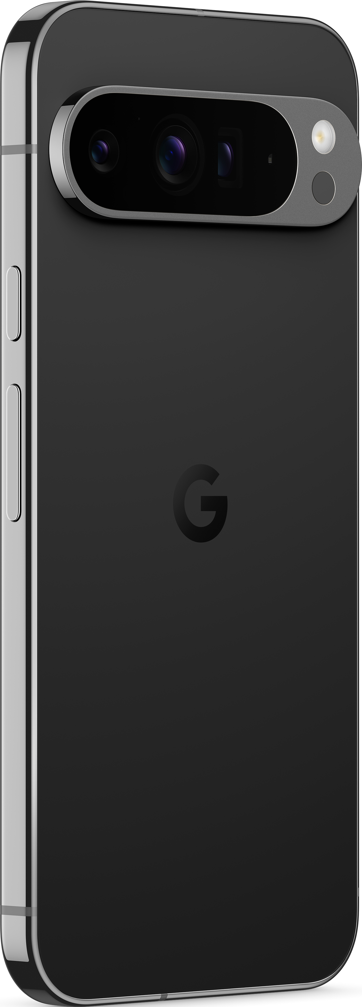 Arrière d'un téléphone noir avec un module caméra argenté et le logo Google.