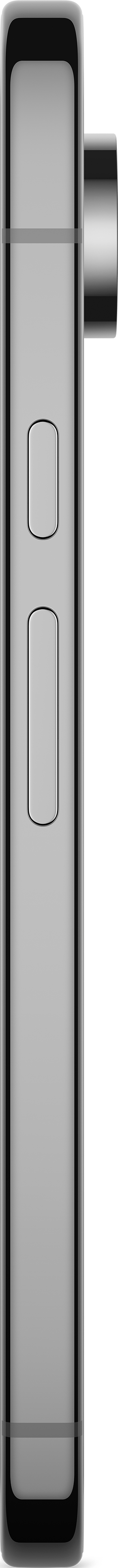 Une vue de côté d'un smartphone argenté avec des boutons sur le côté et une protubérance de caméra.