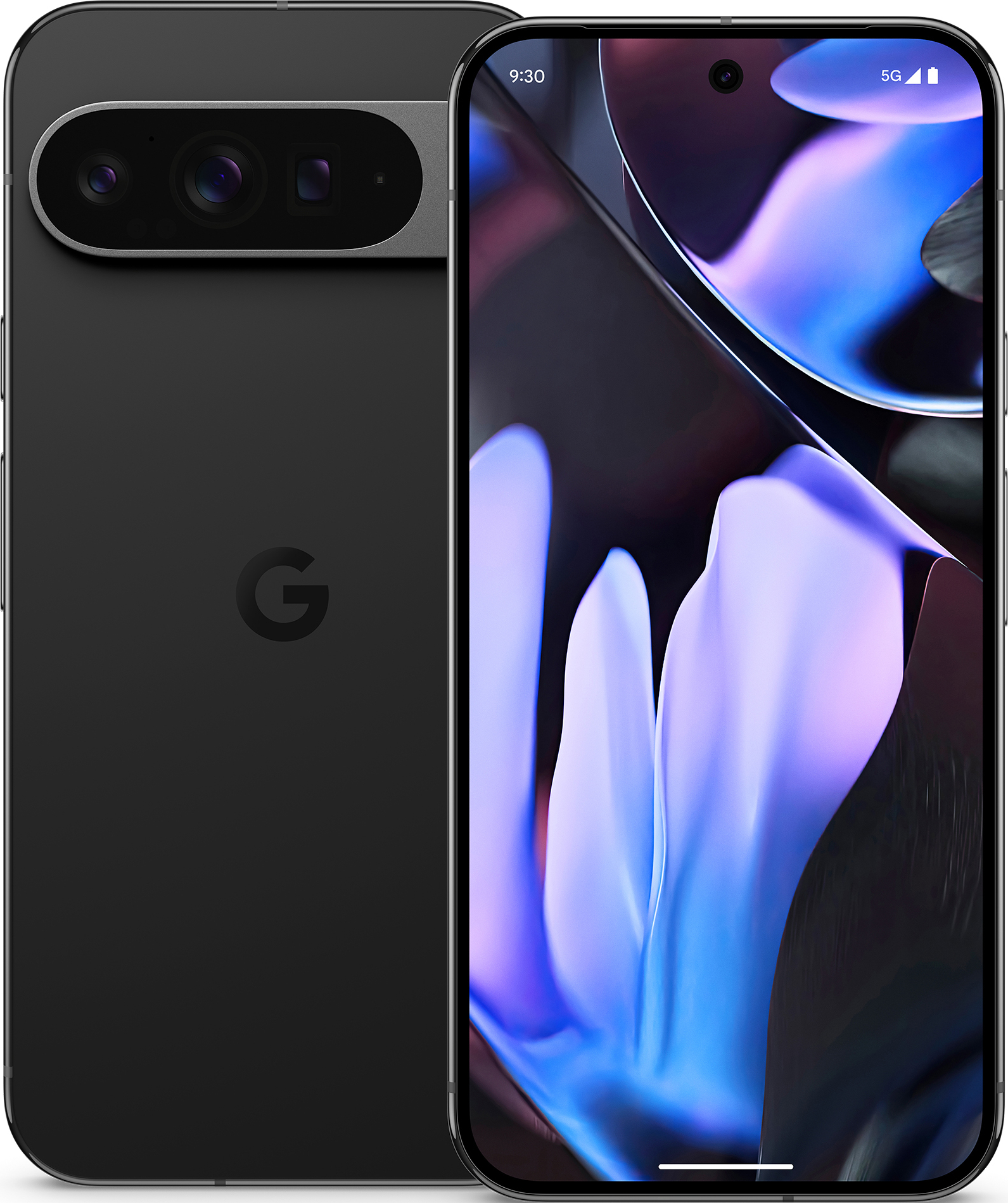 Un téléphone noir sur le côté gauche et un téléphone affichant un design bleu et violet à droite.