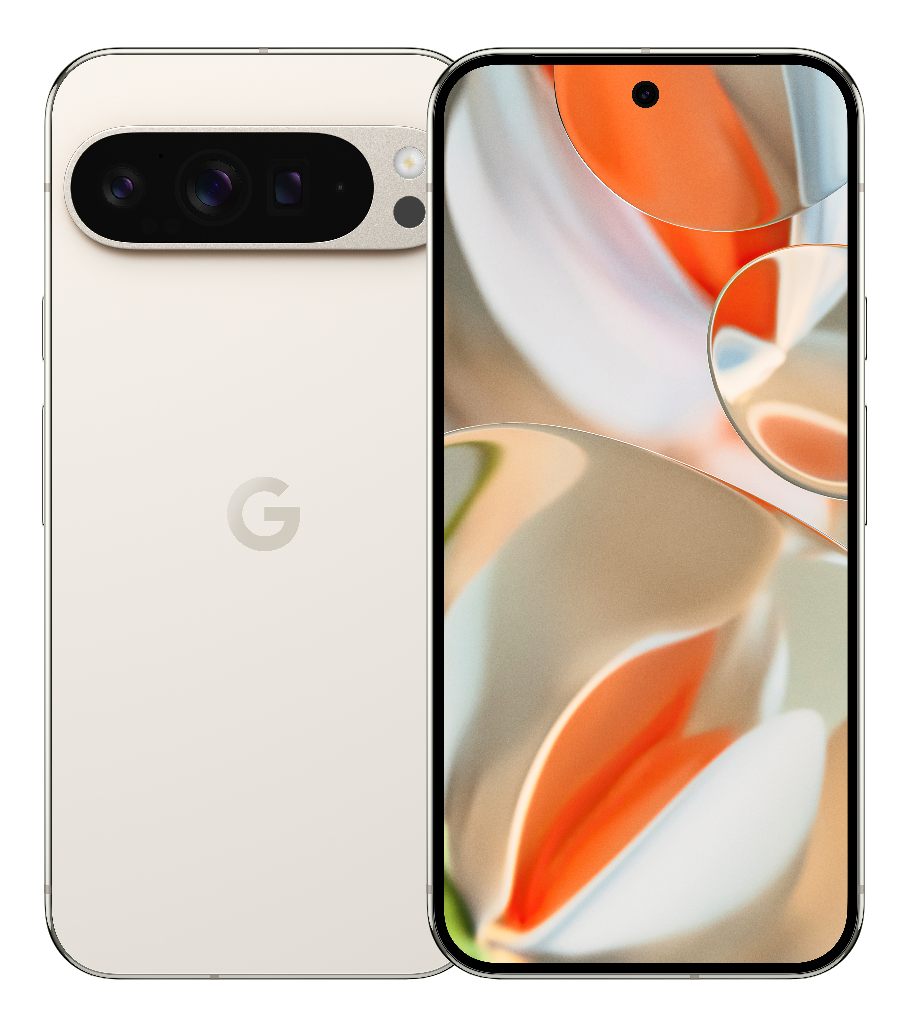 Smartphone moderne, deux vues, couleur or. Caméra triple objectif, écran affiche motif abstrait.