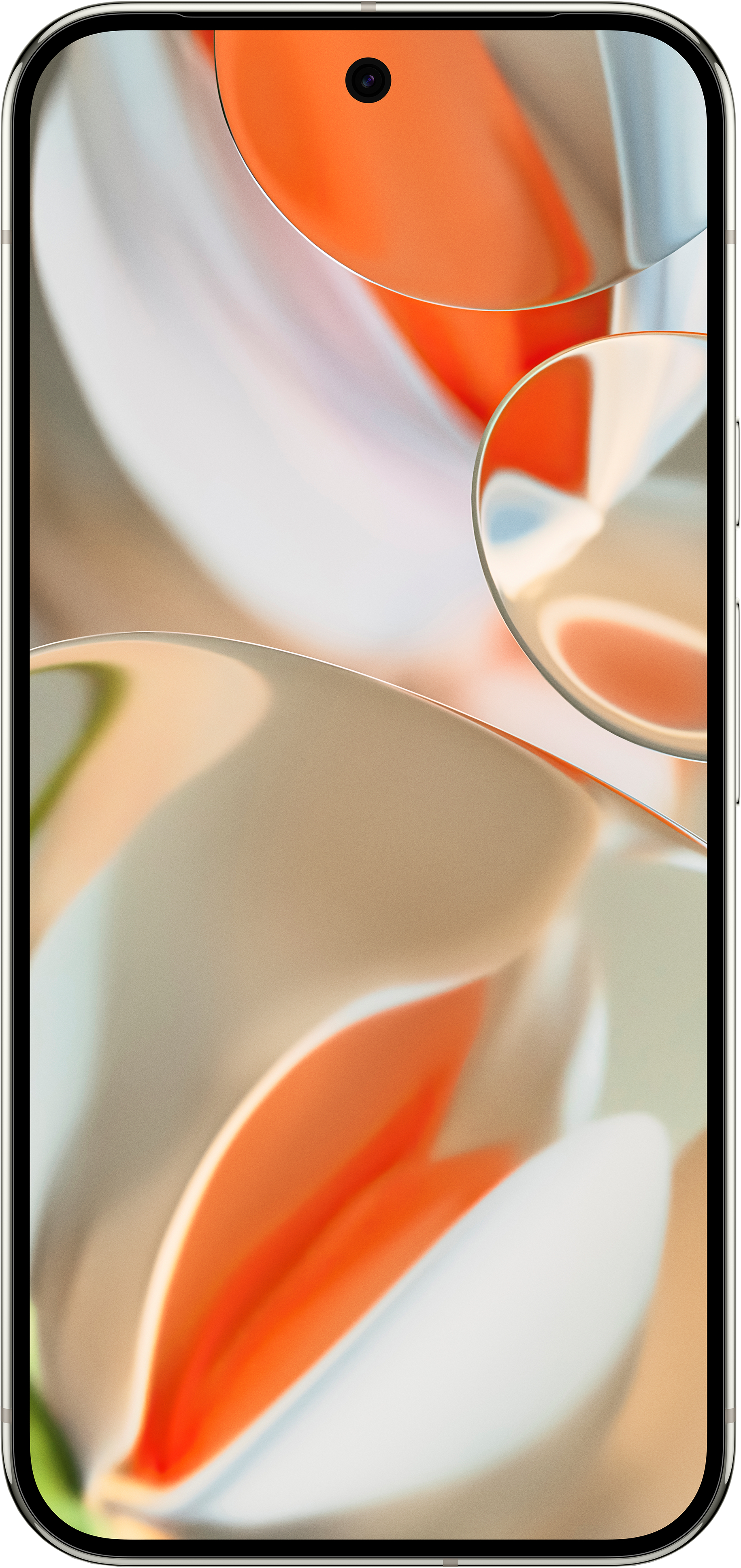 Vue rapprochée d'un smartphone avec écran incurvé, montrant un design abstrait orange et crème.