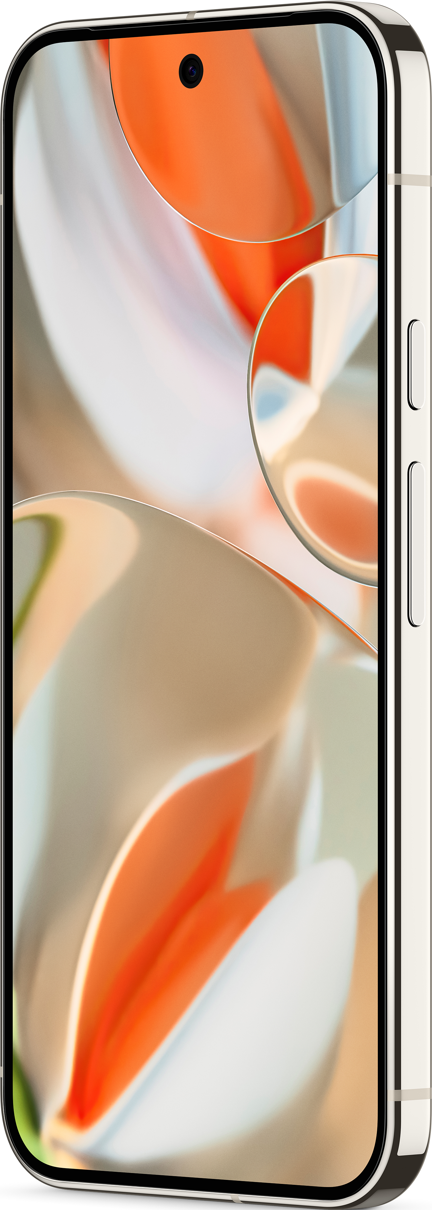 Smartphone, couleur crème, vue latérale. Affiche caméra, boutons. Fond doux, couleurs floues.