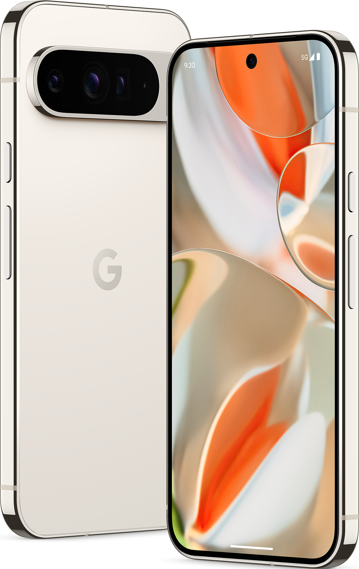 Un téléphone blanc et doré. Plusieurs caméras à l'arrière et un écran.