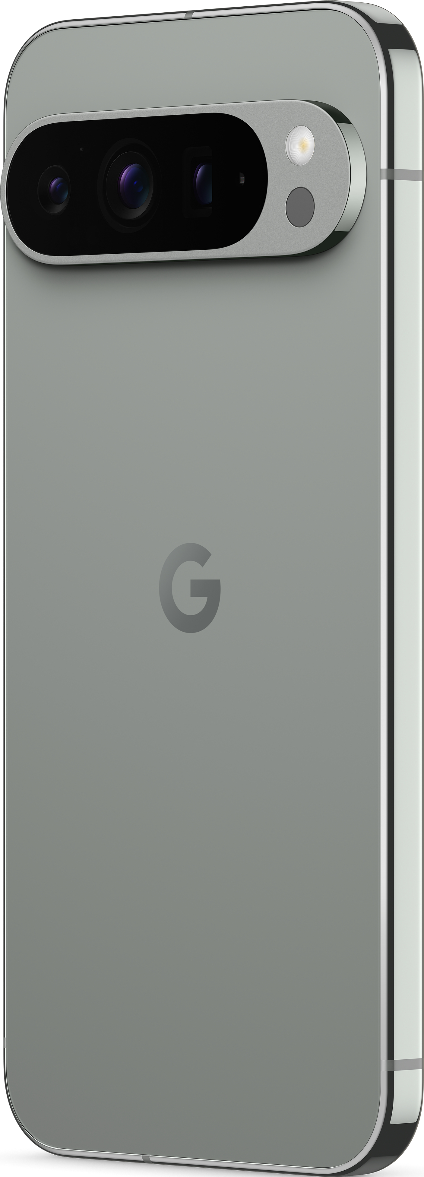 Vue arrière d'un smartphone gris avec barre caméra et logo Google.