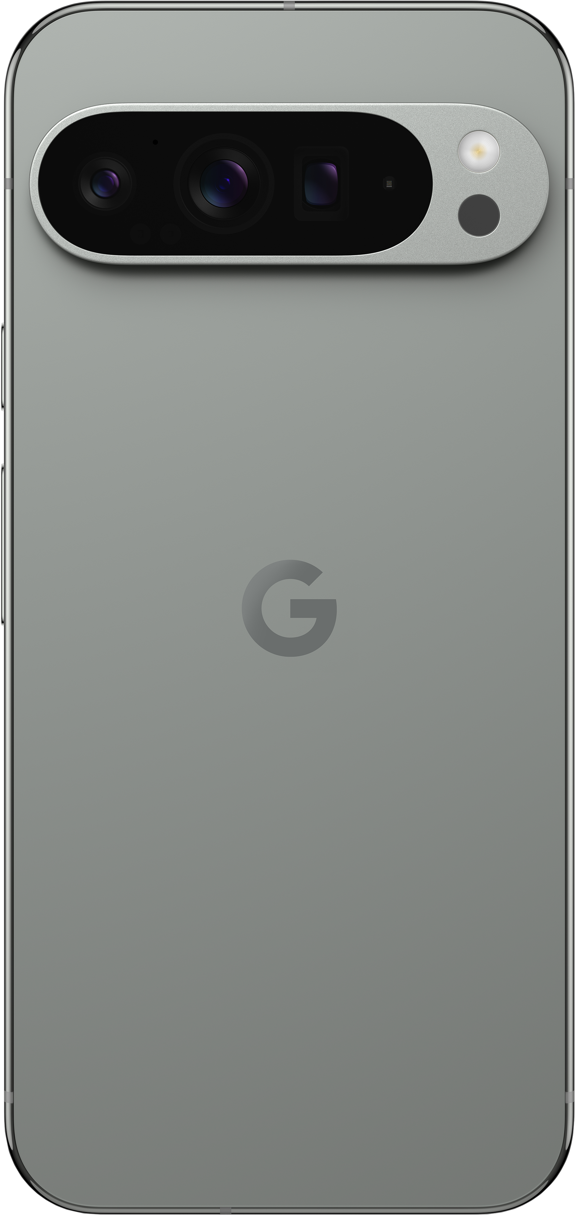 Vue arrière d'un smartphone gris, trois caméras en haut, avec un logo 'G'. Fond blanc.