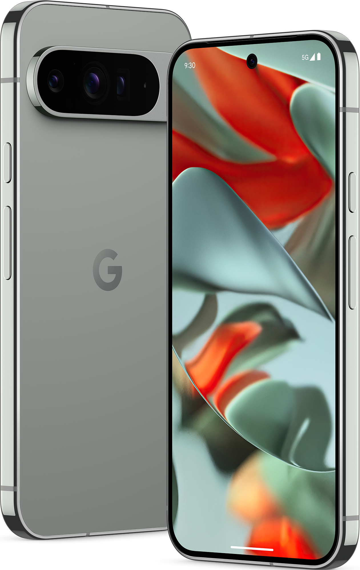 Smartphone argenté avec trois caméras arrière. L'écran affiche une image abstraite colorée.