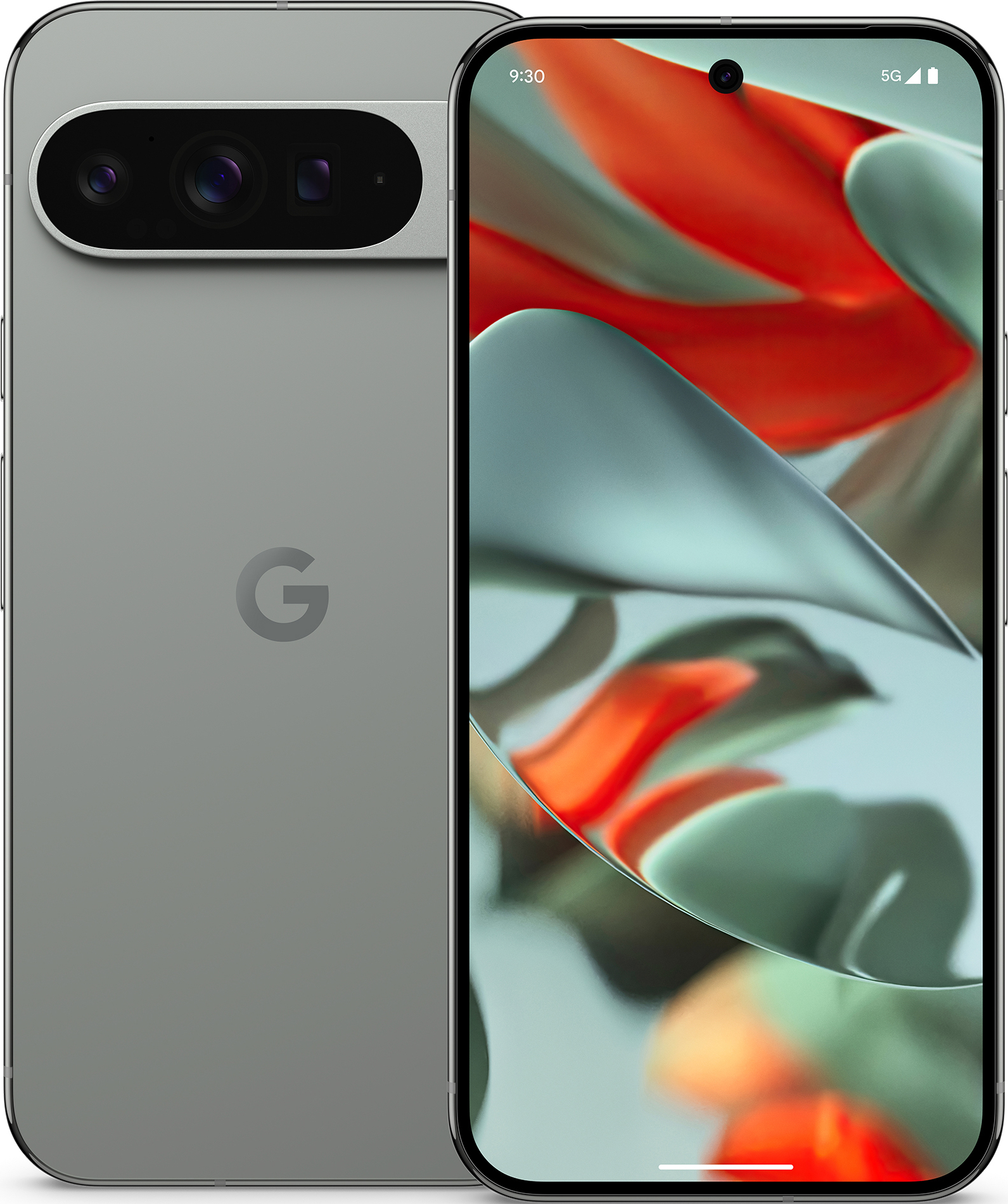 Un téléphone gris avec un système de caméra à l'arrière. L'écran affiche une image abstraite.